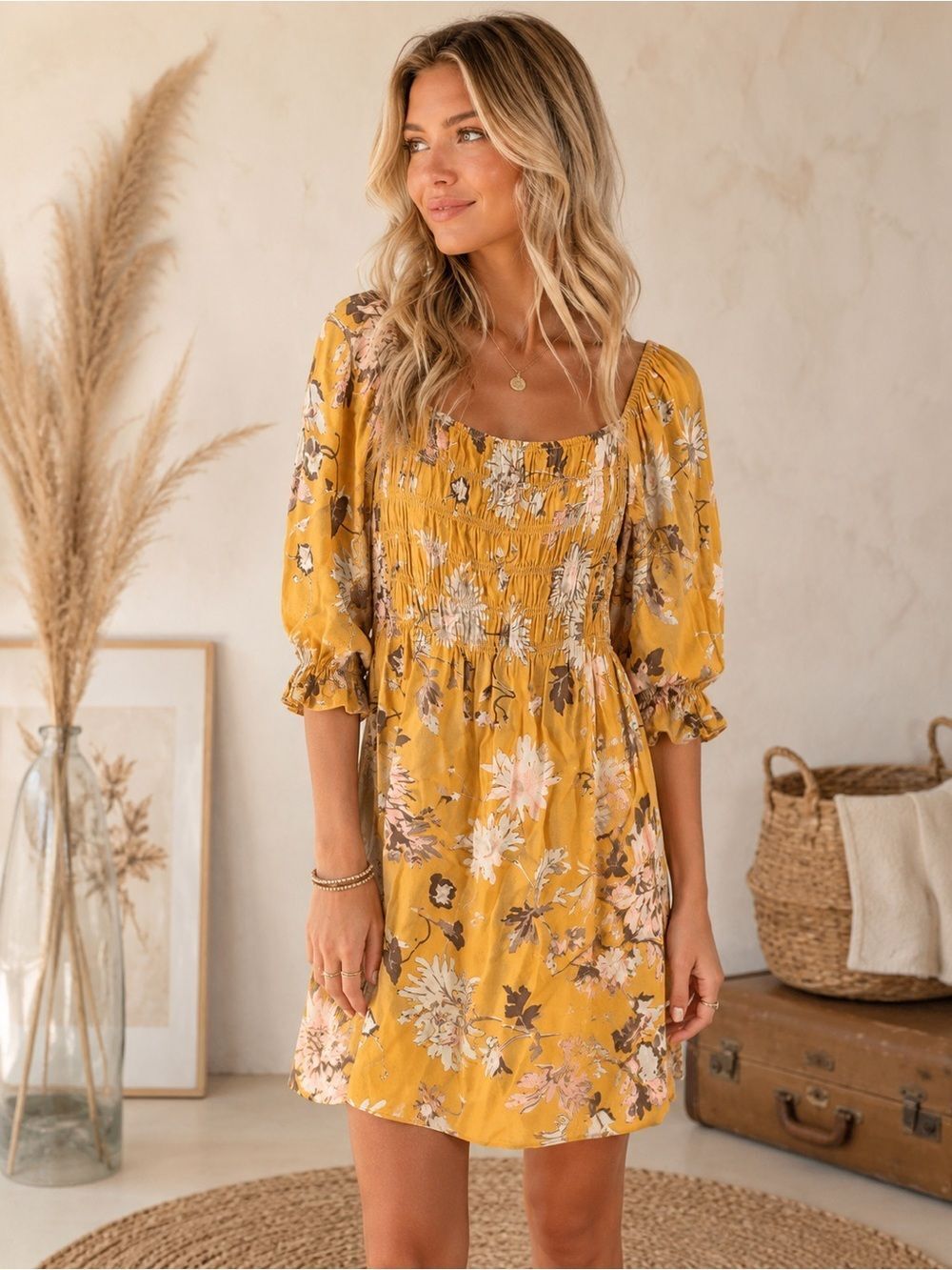 H&M Mustard Floral Smocked Mini Dress Boho Chic Aesthetic